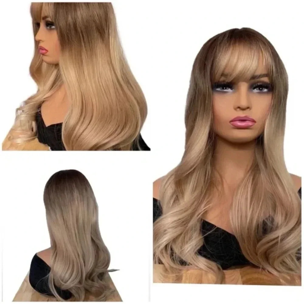 Balayage Blonde and Brown long wavy  hair Wig with bangs